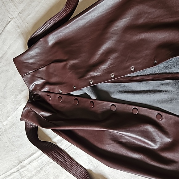 Faux Leather Wine Brown Belted Midi Skirt Snap Buttons Pencil Size Xsmall - Picture 10 of 17